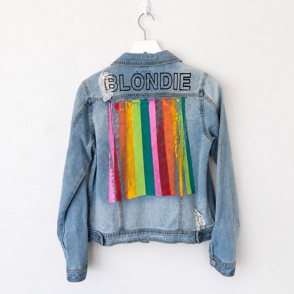 Judith March Blondie Rainbow Distressed Denim Jacket S 70s Rock Festival Indie